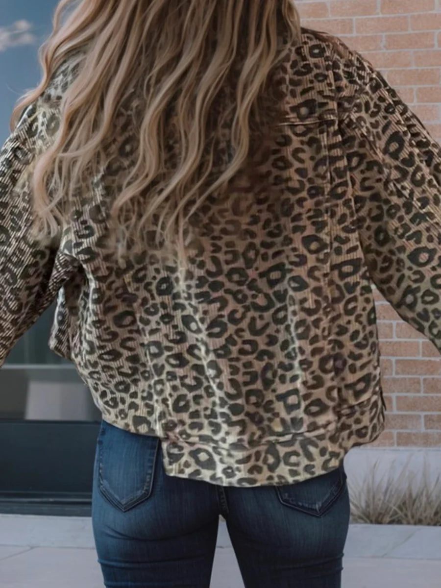 Asymmetrical Hem Collared Neck Leopard Jacket S-XL