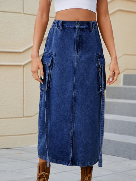 Slit Pocketed High Waist Denim Skirt S-2XL