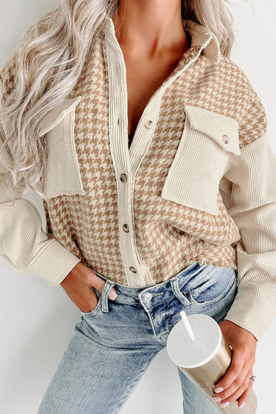 Houndstooth Button Up Long Sleeve Jacket S-XL