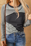 Exposed Seam Contrast Round Neck Long Sleeve T-Shirt S-XL