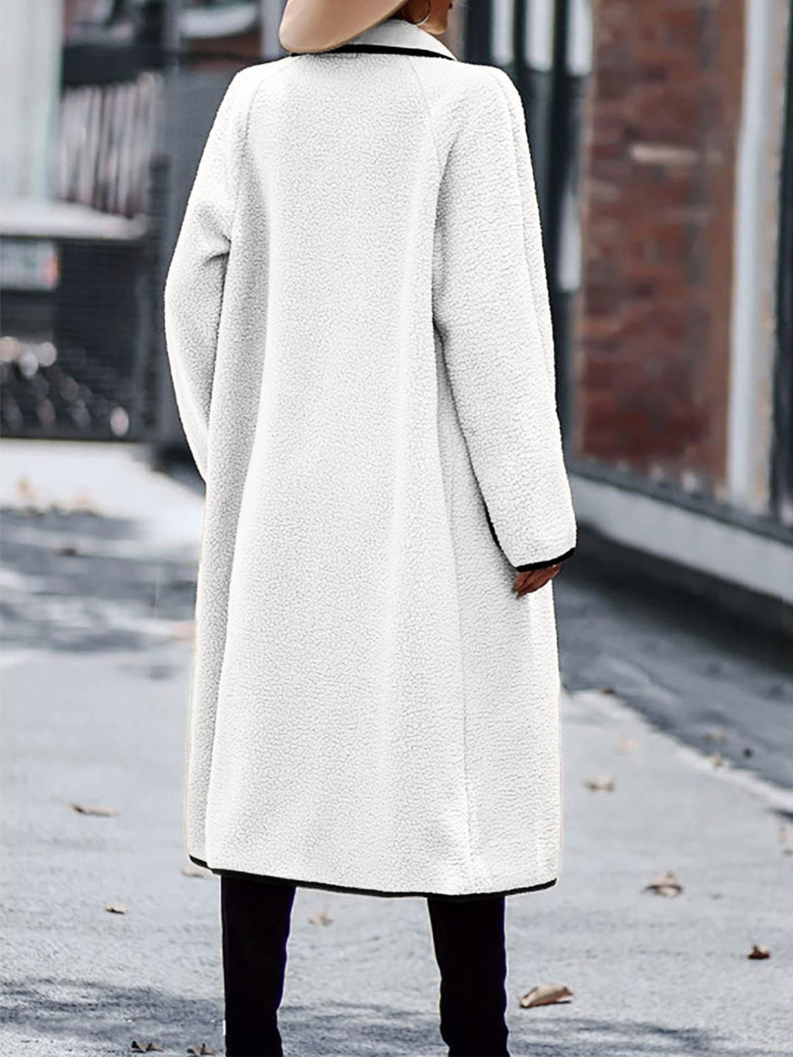 Full Size Contrast Trim Long Sleeve Coat with Pockets S-3XL