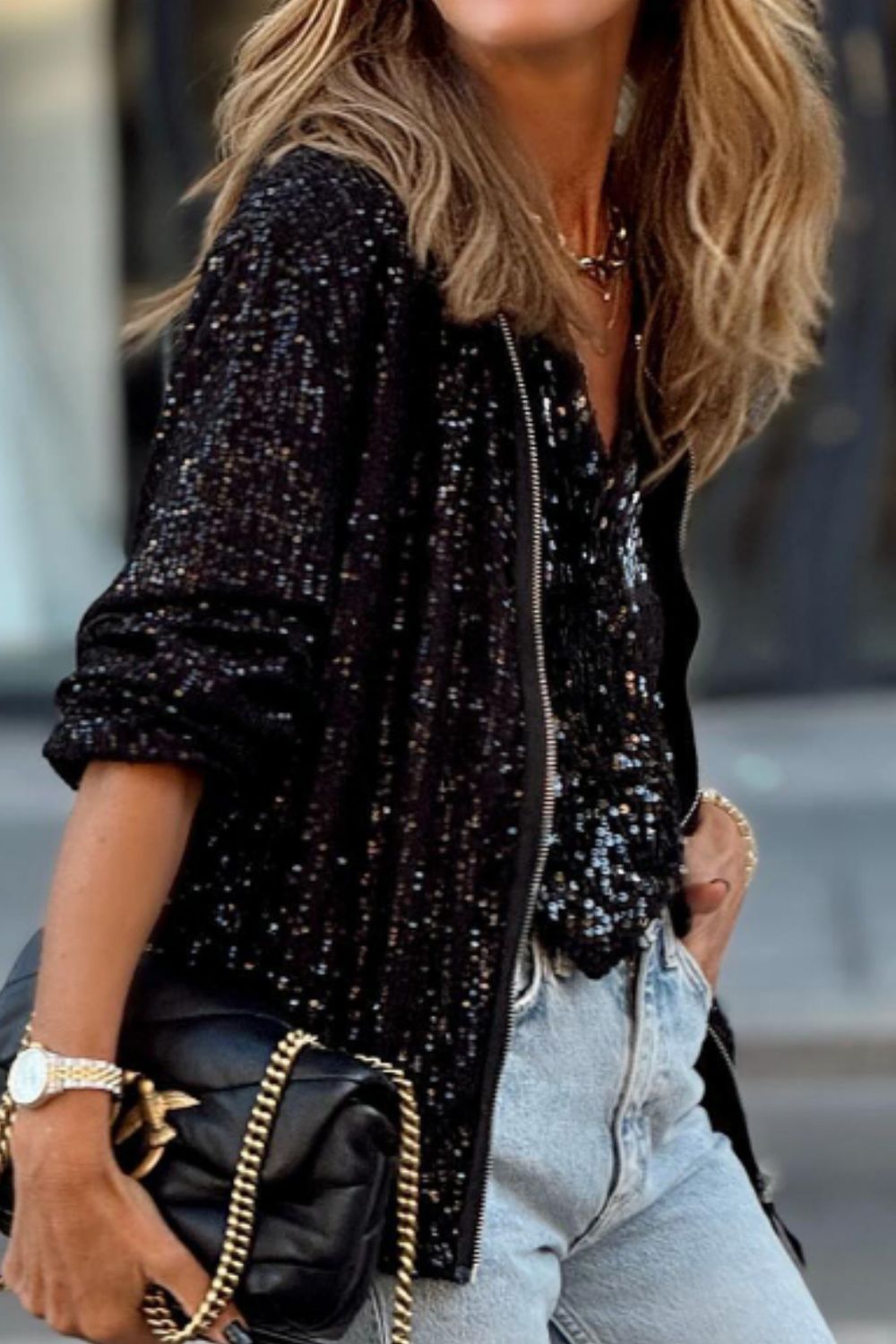 Sequin Zip Up Long Sleeve Jacket S-XL