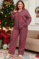 Plus Size Plaid Collared Neck Top and Pants Lounge Set 1XL-4XL