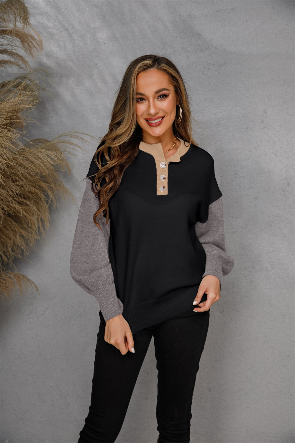 Round Neck Buttoned Knit Top S-XL