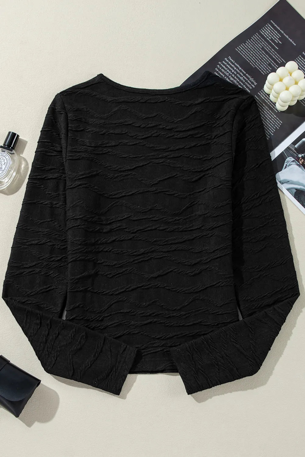 Textured Round Neck Long Sleeve Blouse S-XL