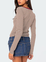 Buttoned Striped Long Sleeve T-Shirt S-XL