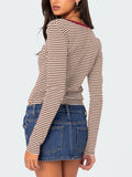 Buttoned Striped Long Sleeve T-Shirt S-XL