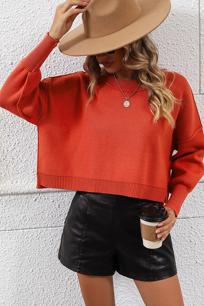 Round Neck Dropped Shoulder Pullover Sweater S-XL