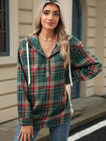 Drawstring Plaid Hooded Long Sleeve Top S-2XL