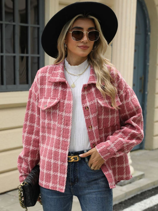 Plaid Collared Neck Long Sleeve Jacket S-XL