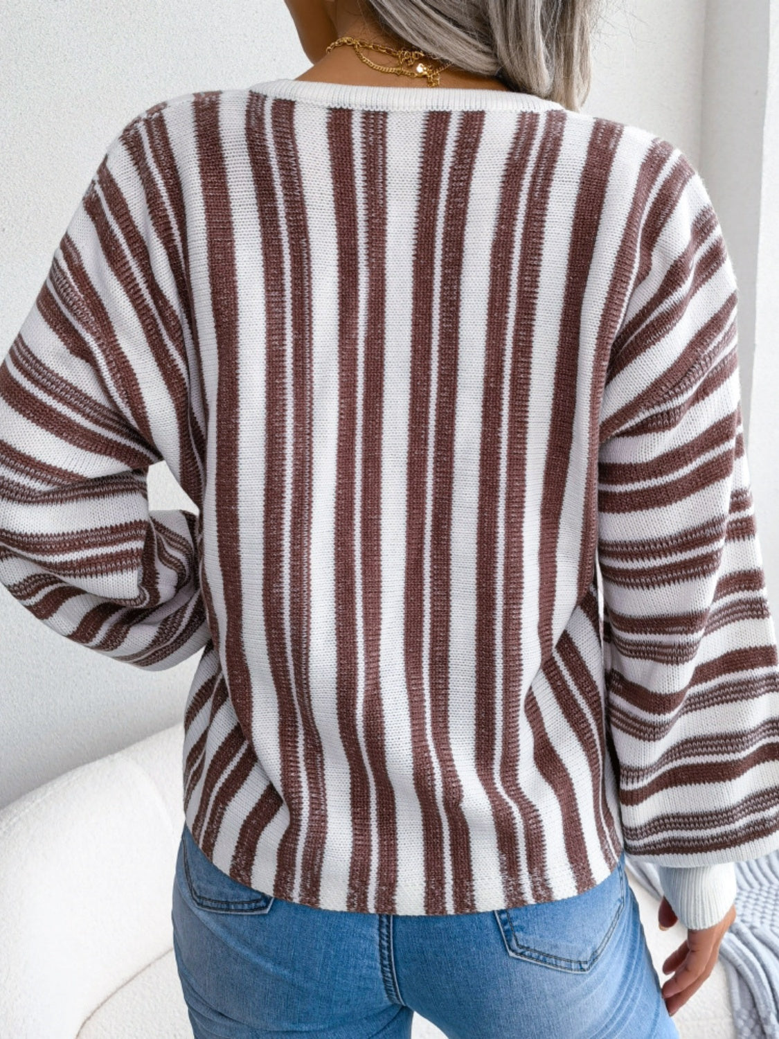 Striped Lace-Up Long Sleeve Sweater S-L