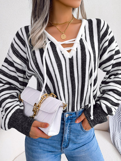 Striped Lace-Up Long Sleeve Sweater S-L