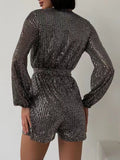 Full Size Sequin Surplice Tie Waist Long Sleeve Romper S-3XL