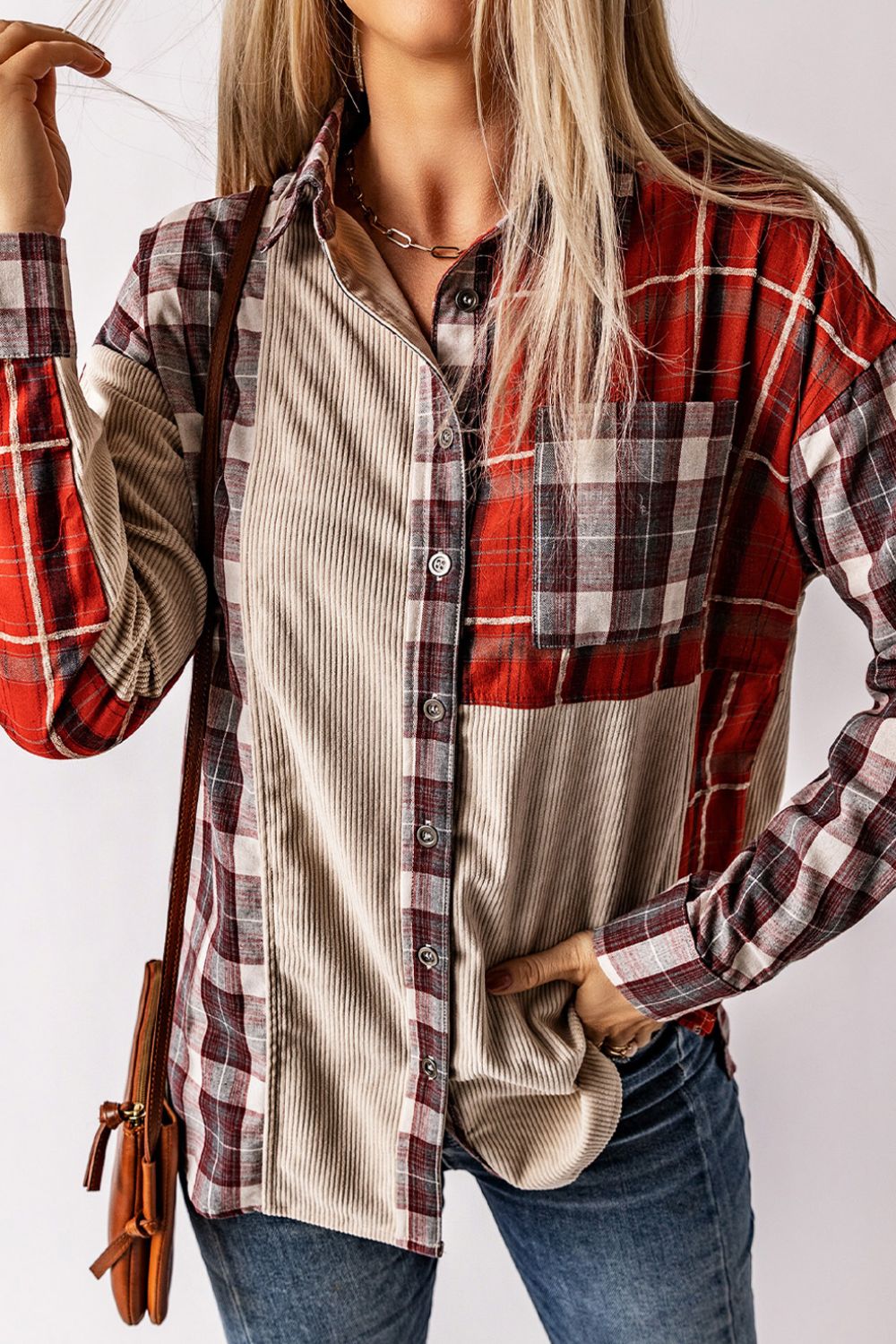 Plaid Patchwork Collared Neck Shacket S-2XL