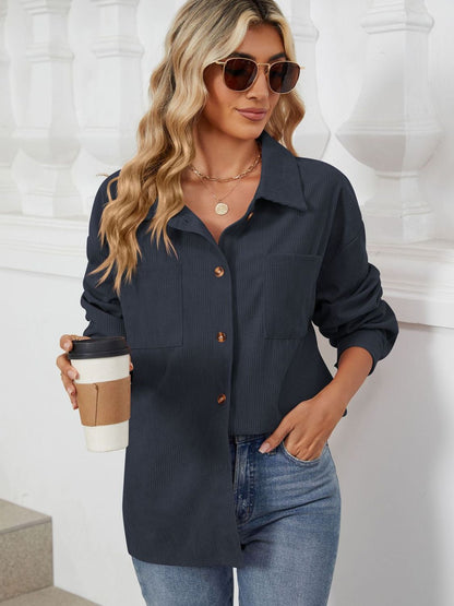 Button Up Dropped Shoulder Long Sleeve S-2XL