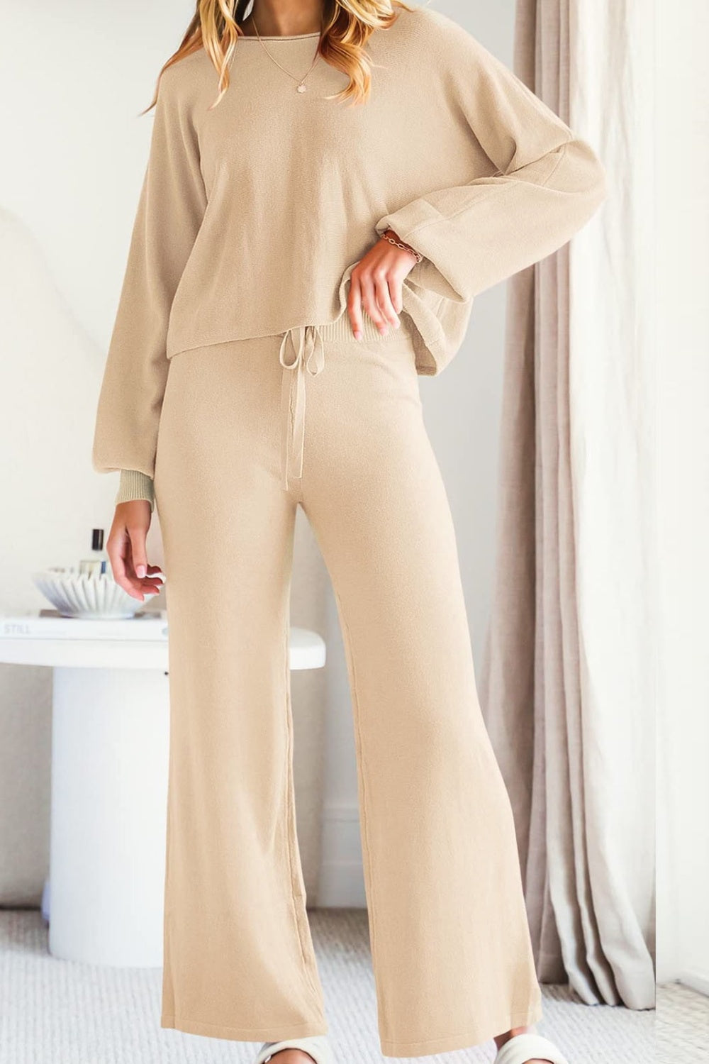 Round Neck Long Sleeve Top and Pants Set S-2XL