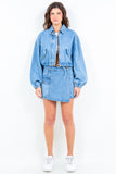 American Bazi Drawstring Waist Crop Denim Jacket S-L