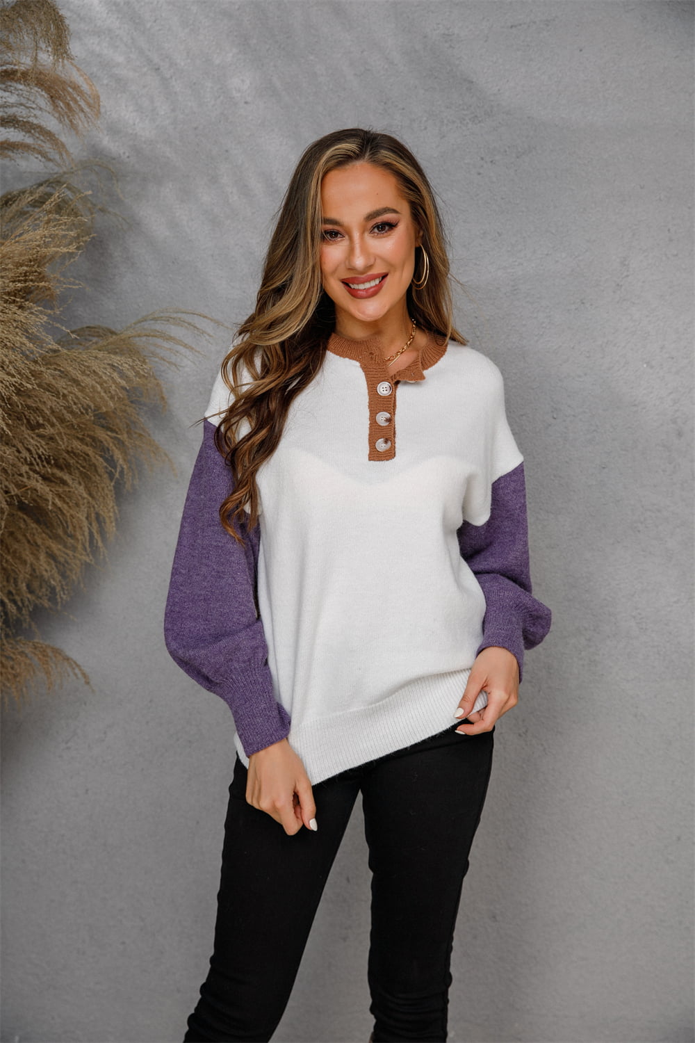 Round Neck Buttoned Knit Top S-XL