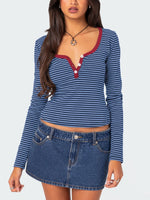 Buttoned Striped Long Sleeve T-Shirt S-XL