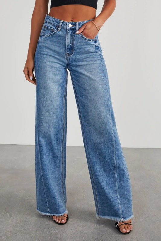 Raw Hem Wide Leg Jeans with Pockets S-XL