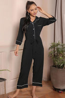 Contrast Belted Lapel Collar Jumpsuit S-XL