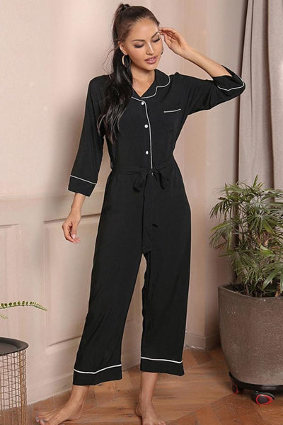 Contrast Belted Lapel Collar Jumpsuit S-XL