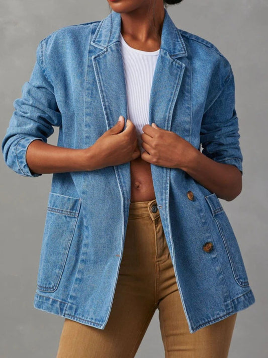 Pocketed Lapel Collar Long Sleeve Denim Jacket S-XL