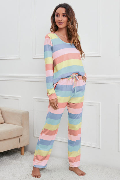 Striped Round Neck Long Sleeve Top and Drawstring Pants Lounge Set S-XL