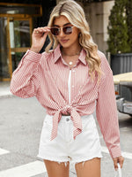 Pocketed Striped Collared Neck Long Sleeve Shirt S-2XL