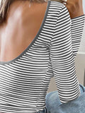 Devine Backless Striped Boat Neck Long Sleeve T-Shirt S-XL