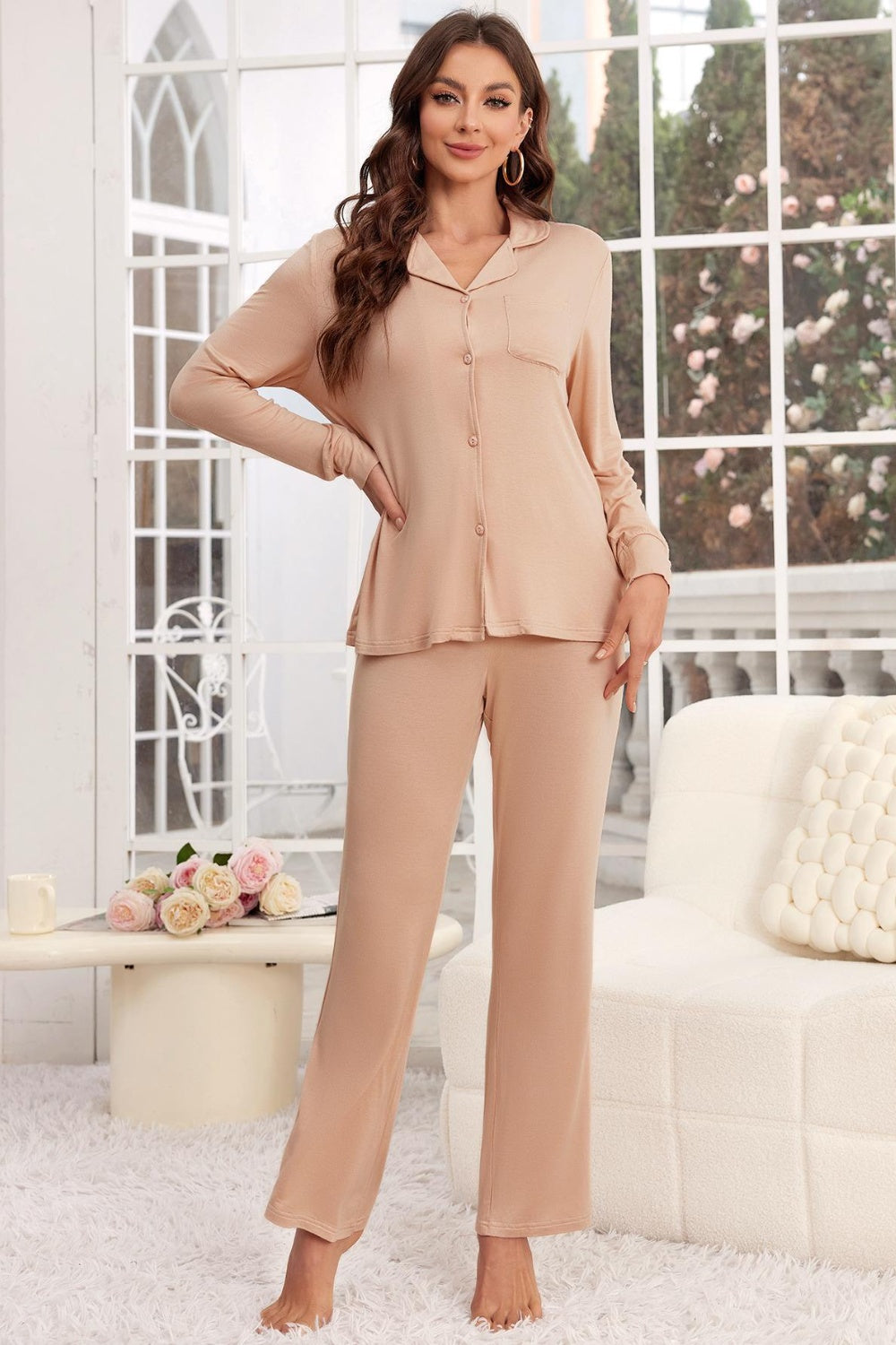 Button Up Long Sleeve Top and Pants Lounge Set S-XL