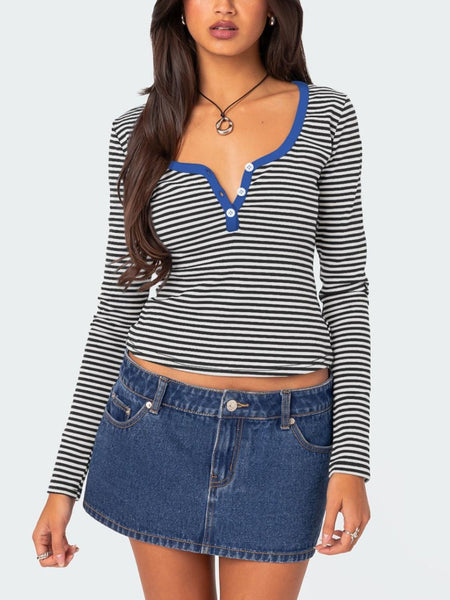 Buttoned Striped Long Sleeve T-Shirt S-XL