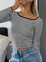 Devine Backless Striped Boat Neck Long Sleeve T-Shirt S-XL