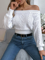 Cable Knit Off-Shoulder Long Sleeve Sweater S-XL