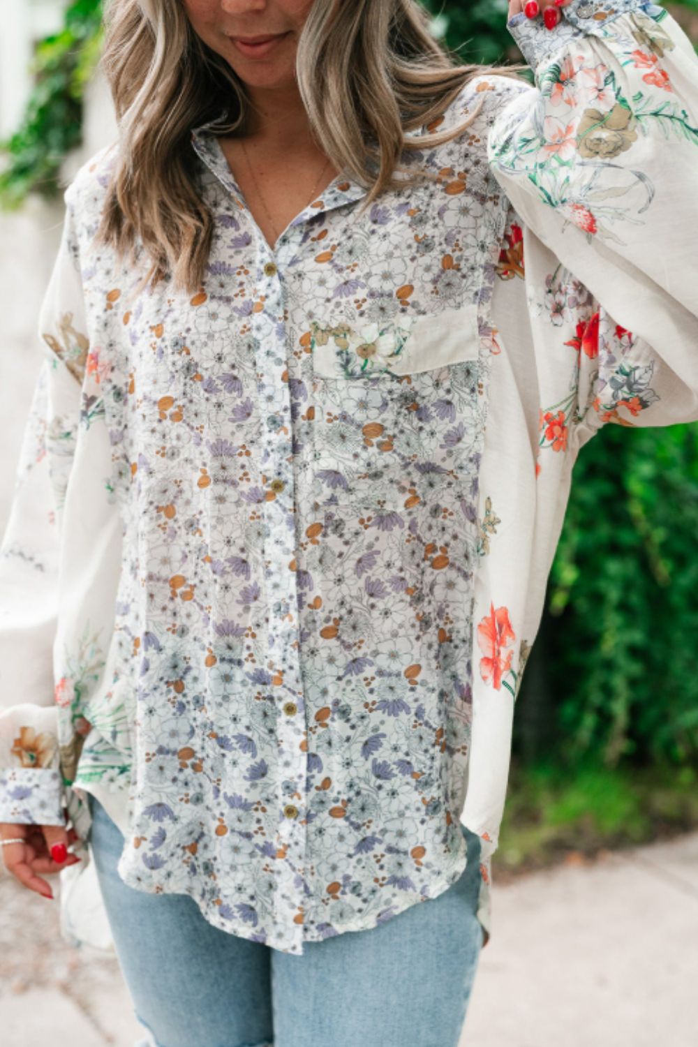 Floral Collared Neck Long Sleeve Shirt S-XL