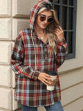 Drawstring Plaid Hooded Long Sleeve Top S-2XL