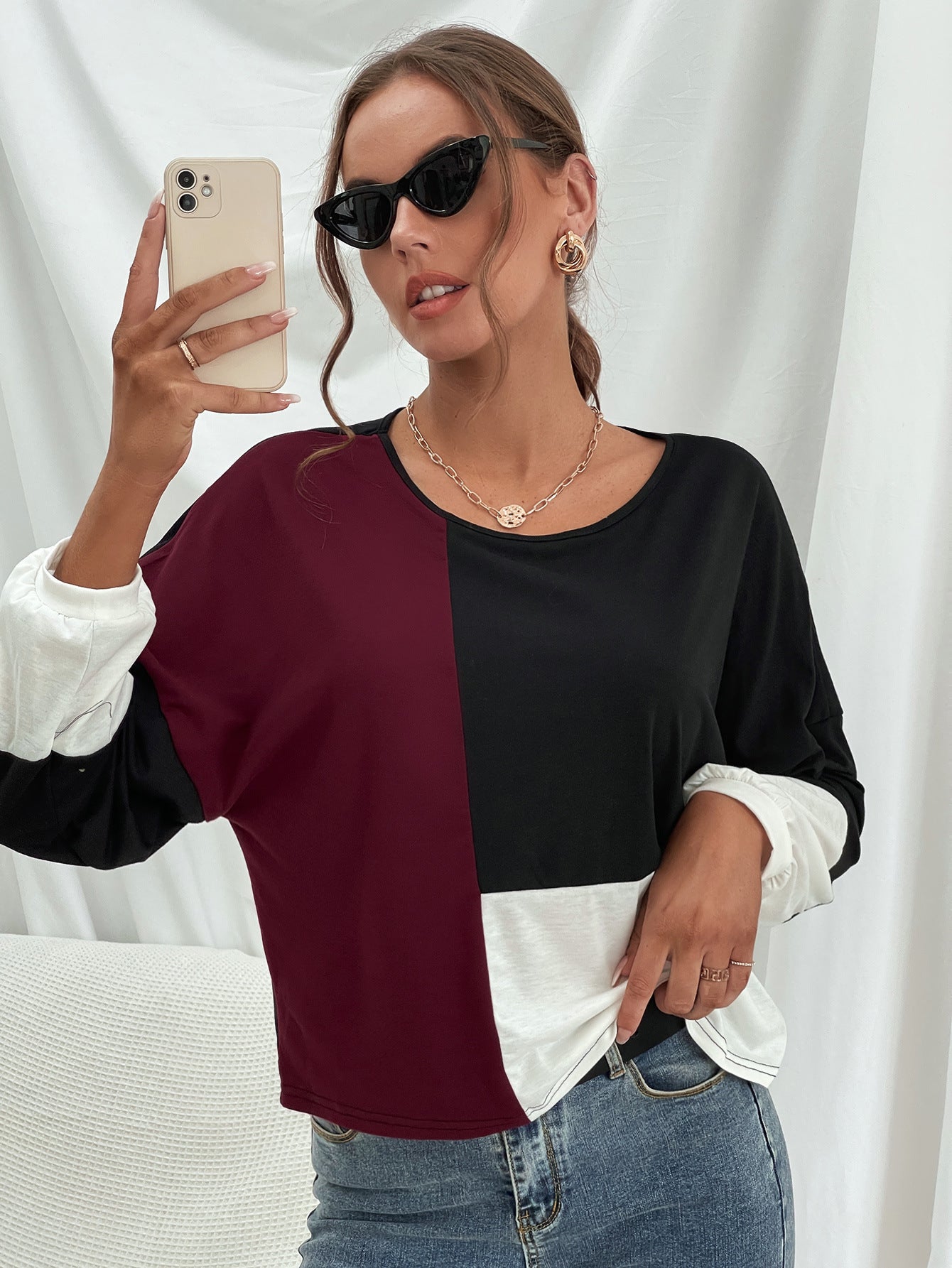 Three-Tone Color Block Dropped Shoulder Long Sleeve Tee S-XL