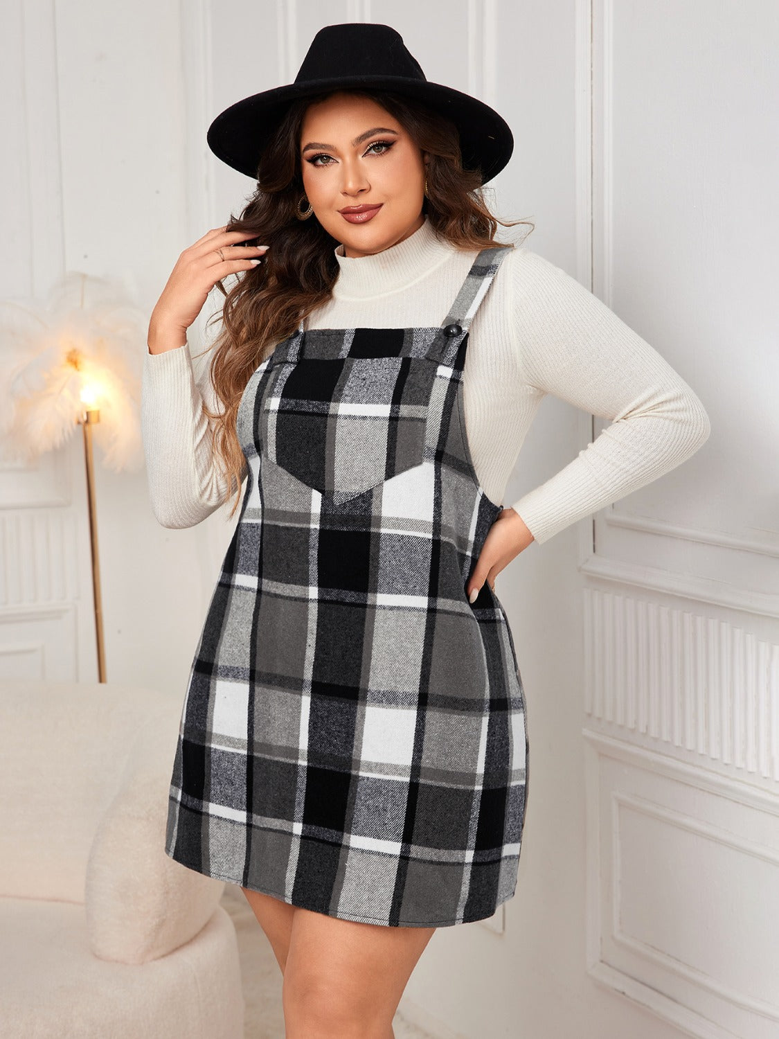 Plaid Wide Strap Overall Dress 1XL-4XL