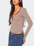 Buttoned Striped Long Sleeve T-Shirt S-XL