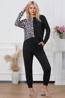 Leopard Round Neck Top and Drawstring Pants Lounge Set S-XL