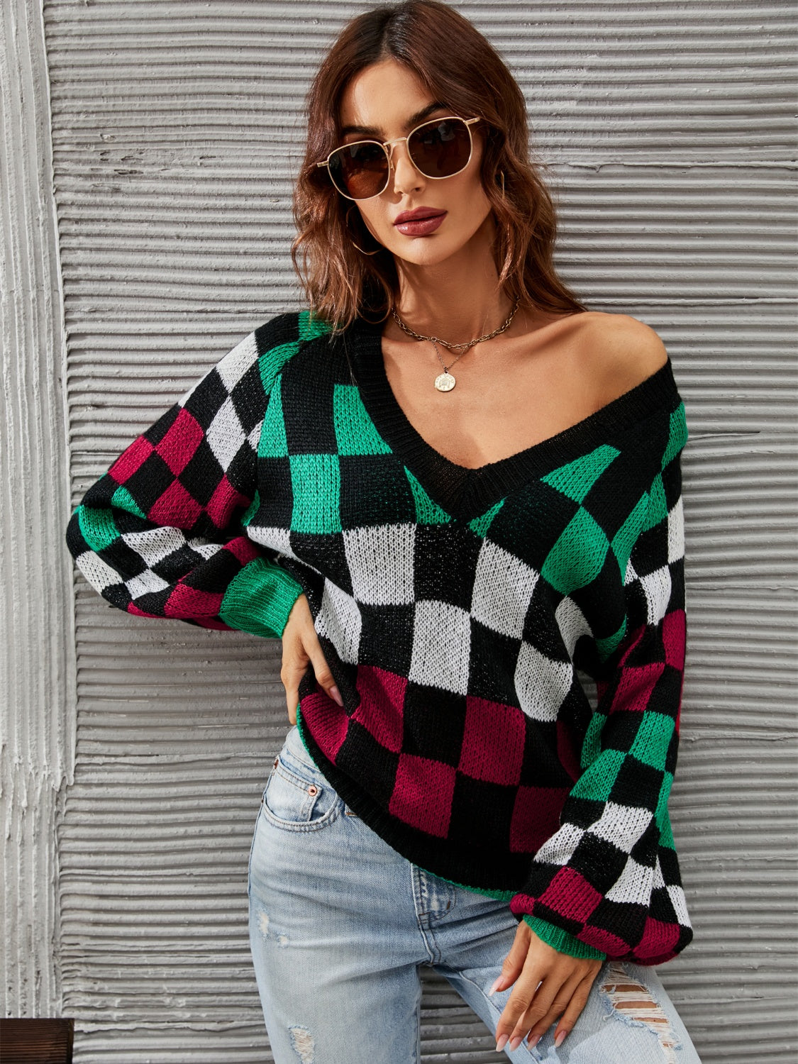 Checkered V-Neck Lantern Sleeve Sweater S-L