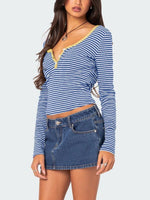 Buttoned Striped Long Sleeve T-Shirt S-XL