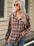 Drawstring Plaid Hooded Long Sleeve Top S-2XL