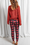 Round Neck Top and Drawstring Plaid Pants Lounge Set S-XL