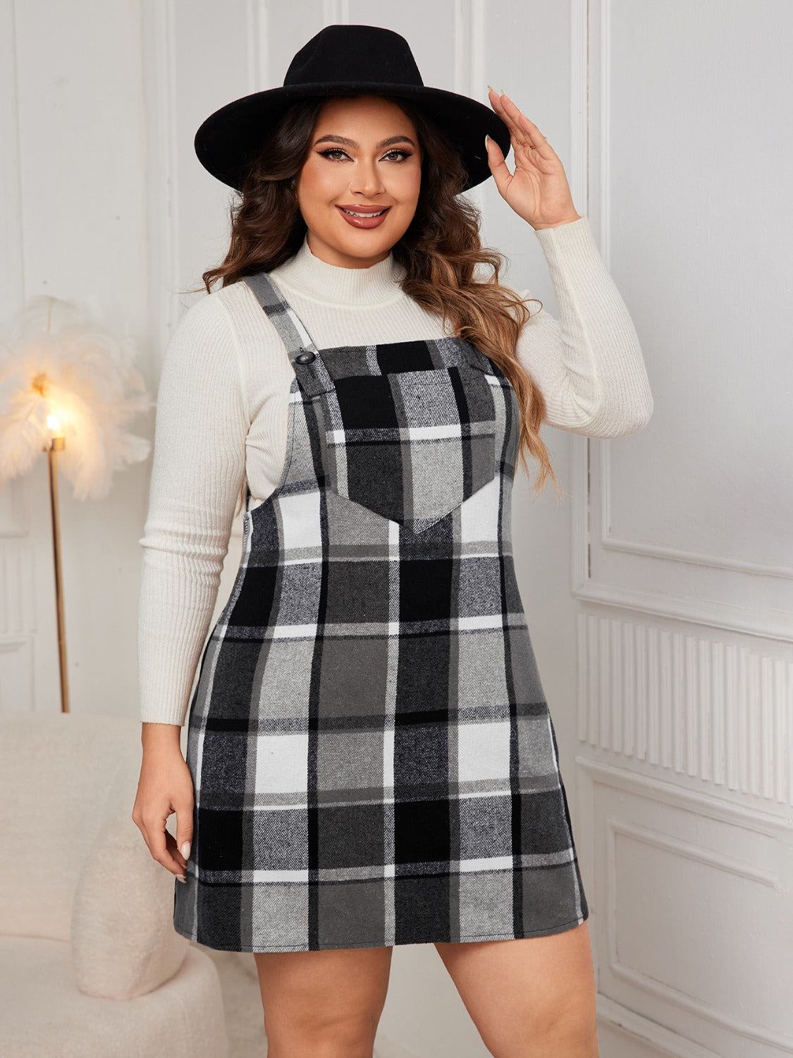 Plaid Wide Strap Overall Dress 1XL-4XL