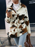 Cow Print Collared Neck Button Up Fuzzy Jacket S-XL