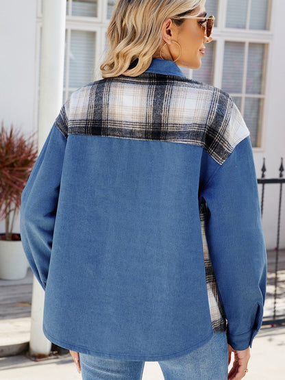 Plaid Button Up Long Sleeve Denim Jacket S-XL