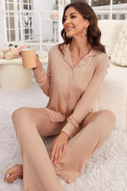 Button Up Long Sleeve Top and Pants Lounge Set S-XL