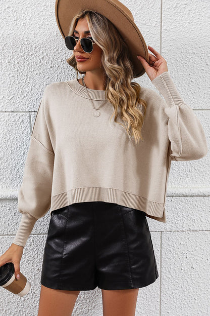 Round Neck Dropped Shoulder Pullover Sweater S-XL