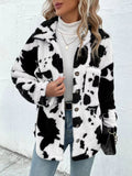 Cow Print Collared Neck Button Up Fuzzy Jacket S-XL